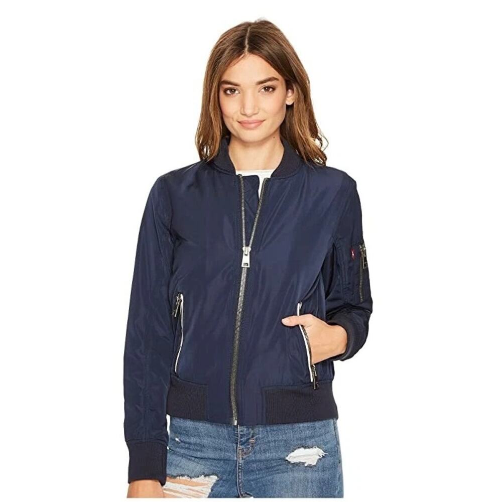 Levi’s Nylon Bomber Jacket Navy Zip Ribbed Collar Lightweight Coat Size‎ XL